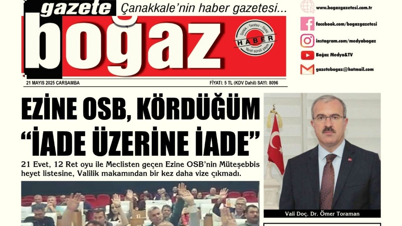 Çanakkale Boğaz Gazetesi 21 Mayıs Çarşamba