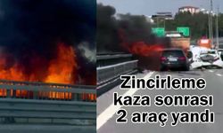 Zincirleme kazada 2 araç yandı (Video)