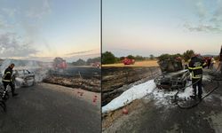 Çanakkale'de yanan araçtaki alevler tarlaya sıçradı (Video)