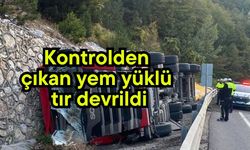 Kontrolden çıkan yem yüklü tır devrildi