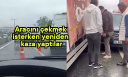 Aracını çekmek isterken yeniden kaza yaptılar (Video)