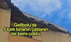 Gelibolu'da 5 katlı binanın çatısının bir kısmı çöktü (Video)