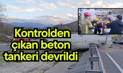 Kontrolden çıkan beton tankeri devrildi