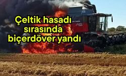 Çeltik hasadı sırasında biçerdöver yandı