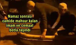Namaz sonrası camide mahsur kalan imam ve cemaat botla taşındı (Video)
