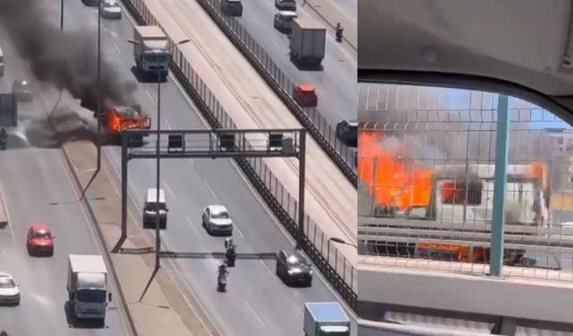Alev alev yanan kamyonet, sürücüsüz ilerledi (Video)