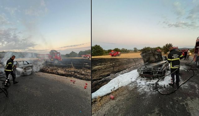 Çanakkale'de yanan araçtaki alevler tarlaya sıçradı (Video)