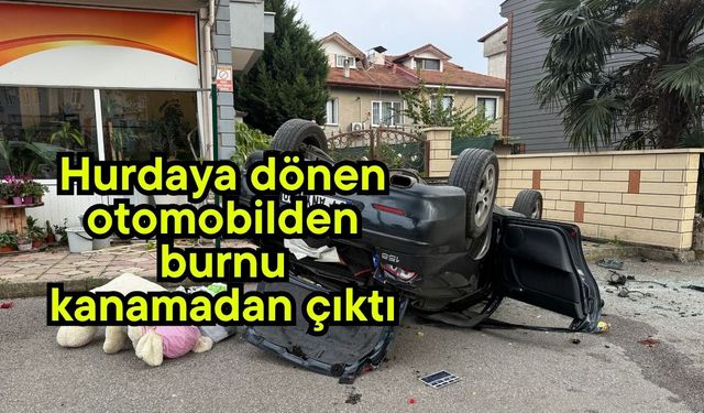 Hurdaya dönen otomobilden burnu kanamadan çıktı
