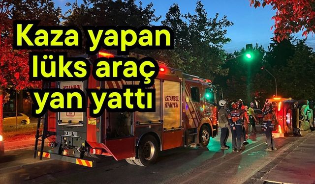 Kaza yapan lüks araç yan yattı