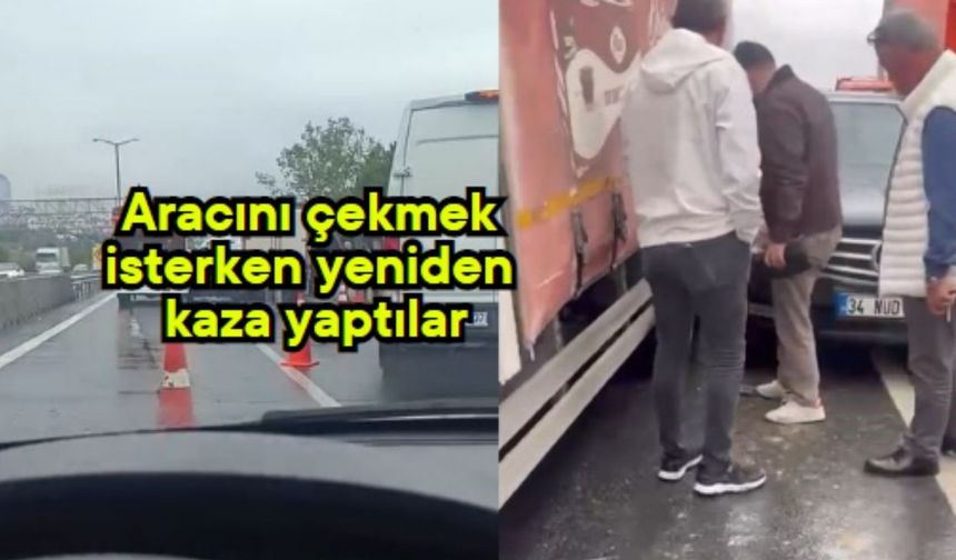Aracını çekmek isterken yeniden kaza yaptılar (Video)
