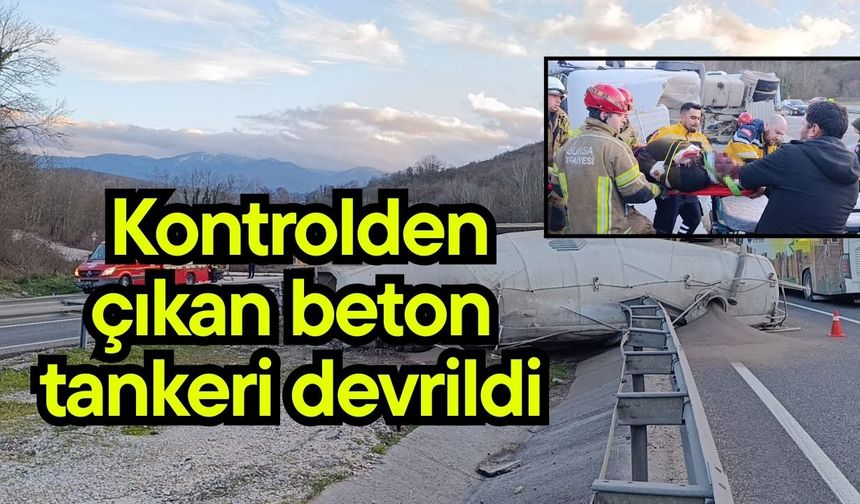 Kontrolden çıkan beton tankeri devrildi